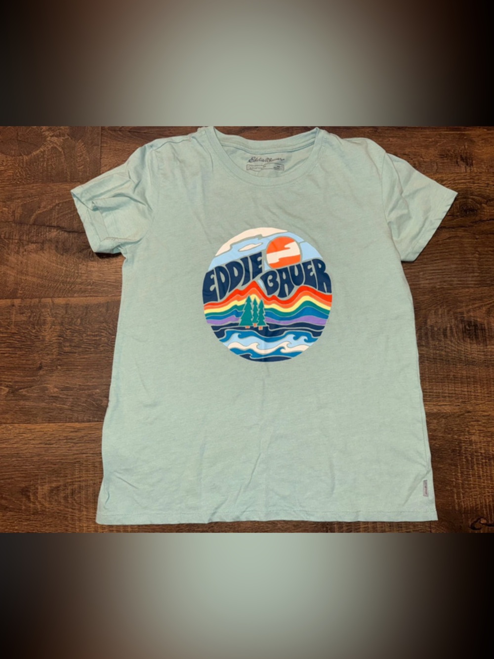 Eddie Bauer Mint Green Tee with Multicolor Wave Graphic